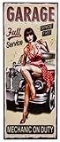 Großes Retro Blechschild - 60er Oldtimer Pin-Up Girl Schild, Route 66 Style, Full Service Garage, Deko Werkstatt Schild, 50 x 20 cm