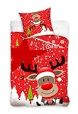 Weihnachtsbettwäsche Set 135x200 80x80 cm mit Wintermotiv · Rentier Bettwäsche Biber Flanell aus 100% Baumwolle Weihnachten (Rot Weiß)