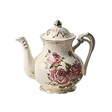 YOLIFE Teekanne aus Keramik, rotes Rosenmuster elfenbeinfarbenes Porzellan, Vintage-Teekanne mit goldfarbenem Blätterrand