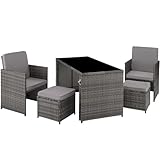 tectake Poly Rattan Sitzgruppe, 5- teiliges Lounge Gartenmöbel Set mit Tisch, Sessel & Hocker, Essgruppe für bis zu 4 Personen, Garten und Balkon Möbel inkl. Polster - grau