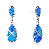925 Sterling Silber Ohrhänger Ohrringe mit Opal Blau Anhänger Tropfen Schmuck für Damen Mädchen Freundin Tochter - Größe: 28 * 8 mm