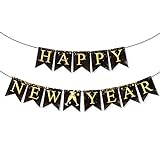 MEJOSER Silvester Girlande Neujahr Banner Silvester Deko 2021 Happy New Year Girlande Banner Schwarz Gold Girlande Banner für Silvester Party Dekorationen