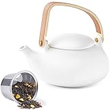 ZENS Teekanne Porzellan Weiß, Japanische kanne mit Sieb für Losen Tee, 800ml Matt Chinesisch Klein Teapot mit Modern Bugholz Griff für Zwei Personen