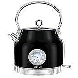 ZKIAH Wasserkocher 1,7L mit Temperaturregler 220V 2200W, Retro Edelstahl Wasser Teekocher mit Filter, Automatische Abschaltung Kochtrockenschutz, Vintage Wasserkocher (Schwarz)