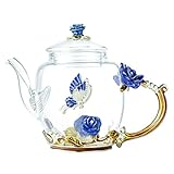 Cabilock Elegante Glas Teekanne Bunte Blumenmuster Teekanne mit Deckel Blumen Vintage Teekanne für Blühende Und Loseblatt Tee (Blaue Rose Stil)