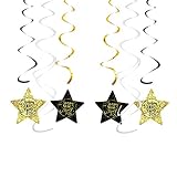 Oblique Unique® Happy New Year Wirbel Spiral Deckenhänger Girlande Set mit Sternen für Silvester Neujahr Party Feier Deko Schwarz Silber Gold
