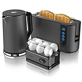 Arendo - Wasserkocher 2200W 1,5 L mit wählbaren Temperaturstufen - BPA frei - 1000W Langschlitz Toaster für 2 Scheiben Toast und Brötchenaufsatz + Eierkocher für 1-6 Eier