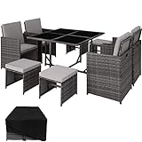 TecTake 800820 Poly Rattan Sitzgruppe Cube | inkl. Schutzhülle & Edelstahlschrauben | 4 Stühle 1 Tisch 4 Hocker - Diverse Farben - (Grau | Nr. 403901)