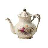 YOLIFE Teekanne aus Keramik, elfenbeinfarbenes Porzellan, Vintage-Teekanne mit goldfarbenem Blätterrand