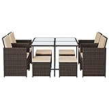 SONGMICS Gartenmöbel-Set Polyrattan Lounge, Esszimmermöbel, Esstisch und Stühle, 9er Set, aus PE-Rattan, Terrassenmöbel, Couchtisch mit Glasoberfläche, mit Kissen, platzsparend, braun-beige GGF009K02