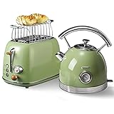 Wiltal toaster wasserkocher set, frühstücksset toaster wasserkocher, Wasserkocher aus Edelstahl, 2200W, Schnellaufheizung, Toaster mit Brötchenaufsatz zum Erhitzen aller Brotsorten, retro Grün