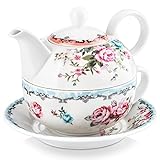 MALACASA, Serie Sweet.Time, Porzellan Teeservice Teeset 4 teilig Set Teekanne mit Tasse und Untersetzer Blumen Teekannen & Kaffekannen Geschenk