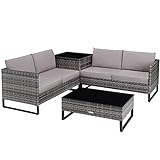 TecTake 800959 Polyrattan Lounge Sitzgruppe, 4-TLG. Gartenmöbel Set mit Sofa Tisch und Aufbewahrungsbox, Tisch mit Glasplatte, für Garten Balkon und Terrasse, inkl. Kissen (Grau | Nr. 404301)