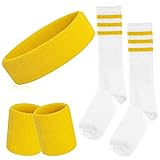 ONUPGO 5-teiliges gestreiftes Schweißband und Socken-Set, gestreiftes Stirnband, Schweißbänder, gestreifte hohe Socken für Männer, Frauen, Sport und 80er-Party (Yellow/White/Yellow)