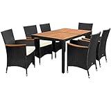 Deuba Poly Rattan Sitzgruppe 6 Stapelbare Stühle 7cm Auflagen Gartentisch 150x90 cm Akazie Holz Gartenmöbel Set Schwarz