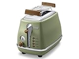 De'Longhi Icona Vintage CTOV 2103.GR – 2-Schlitz-Toaster mit Brötchenaufsatz, Toaster mit 6 Bräunungsstufen, Auftau- & Aufwärmfunktion, aus Edelstahl in elegantem Retro Look, grün