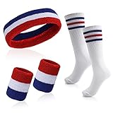 Yolev 5 Stück Gestreiftes Schweißband Socken Set enthält Armbänder Schweißbänder Sport Stirnbänder und 1 Paar High Tube Socken Blau Weiß Rot