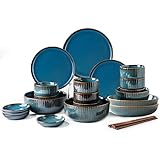 28 Teilig Keramik Teller Set Tafelservice für 8 Personen Porzellan Tafelservice mit Schalen Speiseteller Dipschalen Essstäbchen Modern Blau