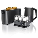 Arendo - Wasserkocher 2200W 1,5 L mit wählbaren Temperaturstufen - BPA frei - 1000W Langschlitz Toaster für 2 Scheiben Toast und Brötchenaufsatz + Eierkocher für 1-6 Eier