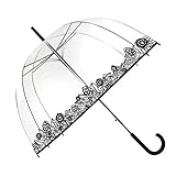 SMARTBULLE Transparenter Langer Regenschirm - Glockenform; Stabil; Automatische Öffnung; Durchmesser=85cm; Transparenter Griff; Damenregenschirm; Schwarze Spitze/Rosenborden.