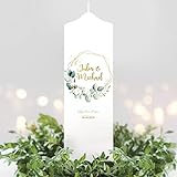 Weiße Hochzeitskerze Geburtstagskerze geometrischer Rahmen mit Eukalyptus personalisiert Hochzeitsgeschenk Spruch, Valentinstagsgeschenk, Hochzeitskerze