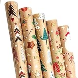 Premium Weihnachstgeschenkpapier 5 Rollen Set je 2m x 70 cm Geschenkpapier für Weihnachten Geschenkpapier Retro Ökologisches Recycling Papier Natur Geschenkverpackung für Weihnachten Kraftpapier