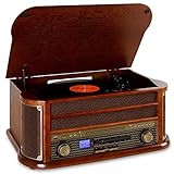 auna Belle Epoque 1908 - Retroanlage, Plattenspieler, Stereoanlage, Digitalradio, Radio-Tuner, MP3-fähig, RDS, Kassettendeck, USB-Port, CD & Bluetooth, braun