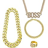 GIGIIS BOSS Halskette Dollar Ring 4 Stück Hip Hop Halsketten und Ring Gold Armbänder Hiphop Rapper Punk Gold Kette Goldring für 70er 80er 90er Jahre Fasching Accessoires Mottoparty
