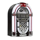 auna Arizona Jukebox Mini - Musikbox Retro mit CD-Spieler, Jukebox Retro mit Bluetooth, LED-Beleuchtung, Radio, USB-Port, MP3, Eichenholz mit Chromdekor, mit UKW/FM-Radio, rot