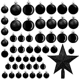 Belle Vous 50 STK Schwarze Weihnachtskugeln - Verschiedene Größen Glitzer Weihnachtskugeln mit Weihnachtsstern Baumspitze - Hängende Ornamente für Weihnachts-, Innen- und Außendekoration