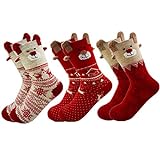 MAKFORT 3 Paar Weihnachtssocken Damen Baumwolle Winter Warm Weihnachten Socken Rentier Schneeflocke Socken Weihnachtsgeschenke Für Frauen 34-38