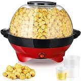 Popcornmaschine 5L, Popcorn Maschine mit Zucker & Öl, 800W Popcorn Maker für Zuhause mit Zwei Messbecher (30 ml, 100 ml)& Antihaftbeschichtung & Abnehmbares Heizfläche- Großer Deckel als Servierschale