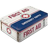 Nostalgic-Art Retro Vorratsdose Flach, First Aid Blue – Emergency – Geschenk-Idee für Nostalgie-Fans, Blech-Dose mit Deckel, Vintage-Design, 2,5 l