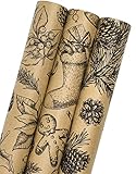 Holijolly Weihnachts-Geschenkpapierrolle aus Kraftpapier – Mini-Rolle – 43 cm x 3 m pro Rolle – 3 verschiedene rustikale Designs (42.3 sq.ft.ttl)