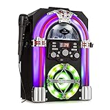 auna Arizona Jukebox Mini - Musikbox Retro mit CD-Spieler, Jukebox Retro mit Bluetooth, LED-Beleuchtung, USB-Port, MP3, Eichenholz mit Chromdekor, mit Karaoke-Funktion, lila