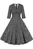 AXOE Damen Retro Kleid 60er Jahre A Linie V Ausschitt Langarm Schwarz mit Weiß Gepunktetes, Gr.44, XXL