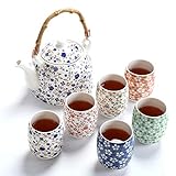 fanquare Blume Porzellan Tee Set mit Teekanne, Vintage Chinesisch Keramik Teeservice mit Rattan Griff