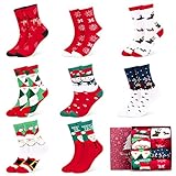 Fixget Weihnachtssocken für Damen und Herren, 8 Paare Unisex Kuschelsocken Winter Socken Baumwollsocken Festliche Socken für die Familie