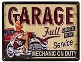 Full Service Garage Werkstatt Retro Blechschild, Pin Up Girl Oldtimer Vintage Schild, Dekoration 33 x 25 cm