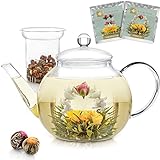 Teekanne Glas mit Herausnehmbarem Teesieb Glas von Teabloom Hitzefest und Mikrowellenbeständig – 2 Teeblumen inklusive – 1,2 Liter Teekanne und Teebereiter