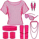 YADODO 90er 80er Jahre Outfit Damen Netzoberteil Accessoire Off Shoulder Netzshirt 80erJahre Kleidung 80iger Schlagerparty Bad Taste Frauen Neon Party (Rosa)
