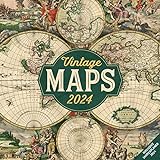 Vintage Maps 2024, Wandkalender / Broschürenkalender im Hochformat (aufgeklappt 30x60 cm) - Retro-Karten-Kalender mit Monatskalendarium zum Eintragen
