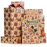 Larcenciel Weihnachten Geschenkpapier 6 Blatt, Weihnachtspapier mit Geschenkaufkleber, Braunes Vintage Kraftpapier mit Glöckchen Roten Früchten, Geschenkverpackungen für Neujahr, Urlaub (70 x 50 cm)