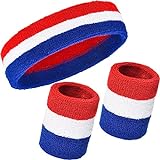 WILLBOND Schweißband-Set, 3-teilig, inkl. Sport-Stirnband und Handgelenk-Schweißbänder aus Baumwolle für sportliche Männer und Frauen, Rot, Weiß und Blau