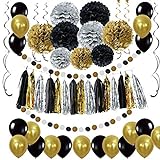 Schwarz Gold Party Deko Set - DIY Pompoms Blumen, Quaste Girlande, Luftballons, Polka Dot Papier Girlande, Spiral Girlanden, für Abschlussfeier und Ruhestandsfeierdekor