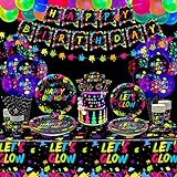 XJLANTTE 225 Stück leuchtendes Neon-Partyzubehör – Ballon, im Dunkeln Geburtstagsbanner, Tortenaufsatz, Tischdecke, Teller, Servietten und Becher für Schwarzlicht Dekorationen, 20 Gäste